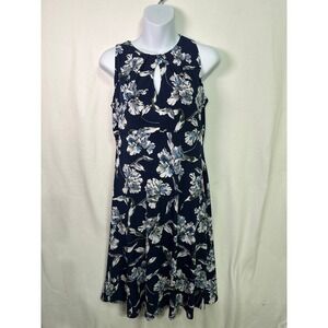 Maggy London Navy Blue Floral Fit and Flare Keyhole Dress Womens Size 4
